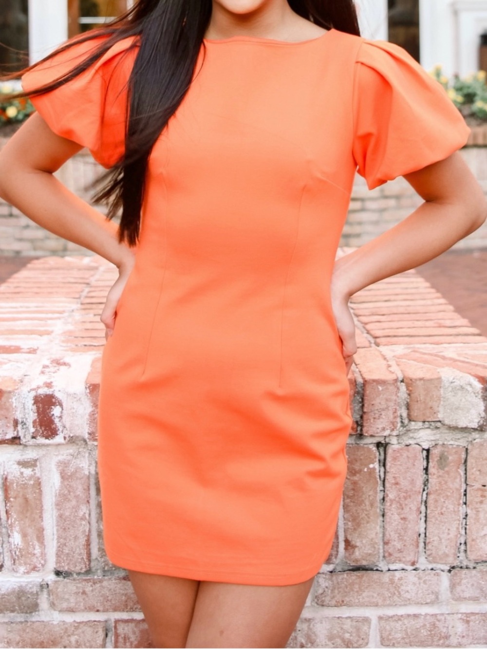 Women's Orange Puff Sleeve Shift Dress